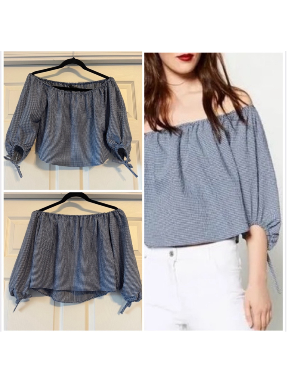 Women Zara Crop Top Gingham Blouse XS Blue Black White Bow Sleeve Off Shoulder